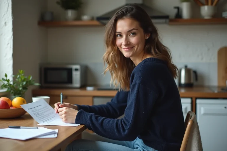 Jeune femme en cuisine examinant documents financiers