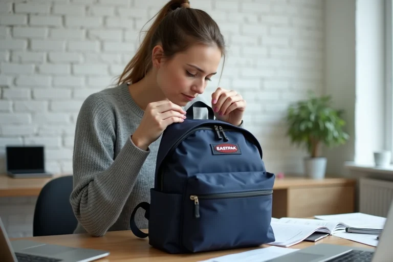 Femme inspectant un sac à dos Eastpak bleu marine à son bureau pour faire valoir la garantie