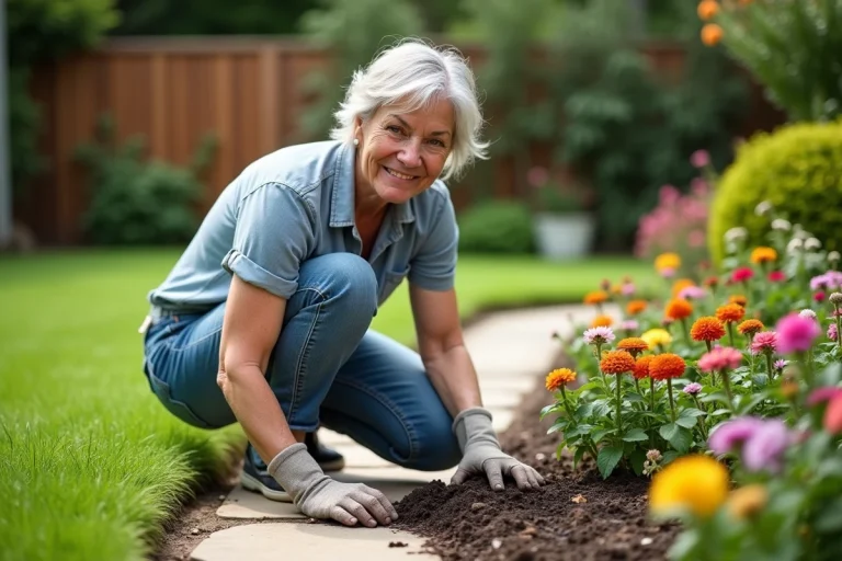 Femme d'âge moyen plantant des fleurs dans un jardin verdoyant
