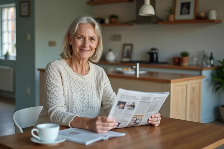 Femme lisant un journal dans une cuisine chaleureuse
