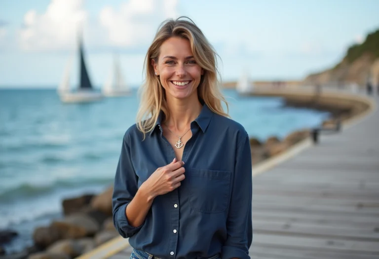 Femme souriante portant un collier ancre sur le quai
