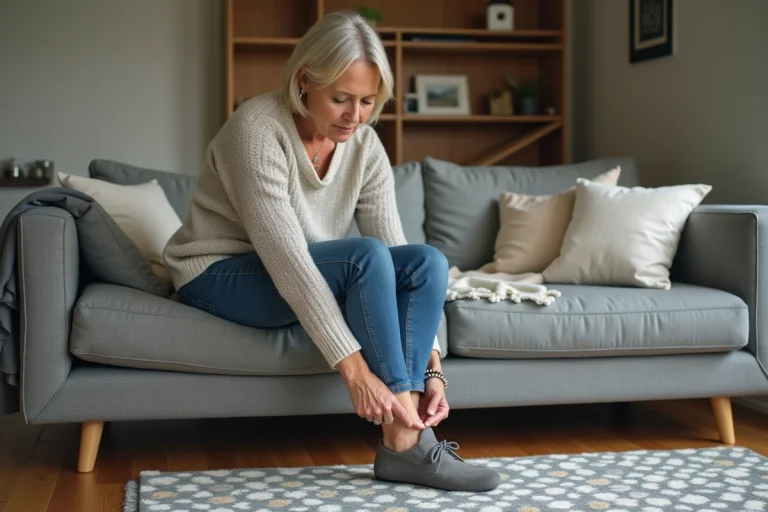 Femme d'âge moyen en salon confortablement assise ajustant ses chaussures orthopediques
