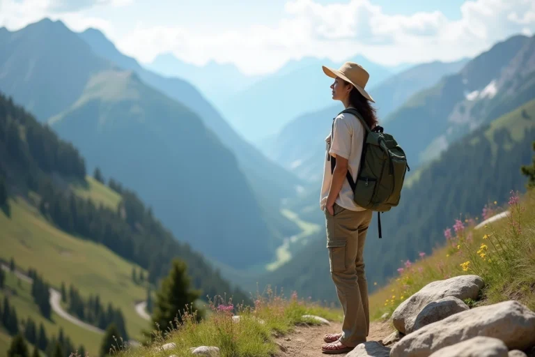 Femme en randonnée contemplant la vallée en montagne