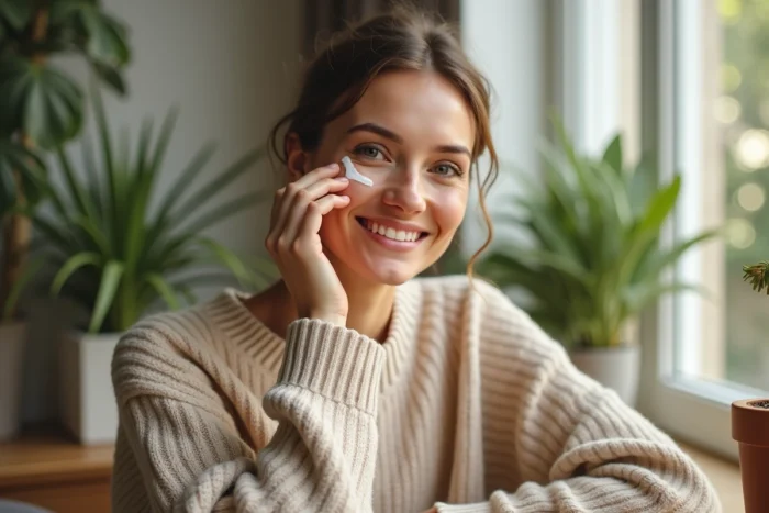Femme souriante appliquant crème visage dans un intérieur lumineux