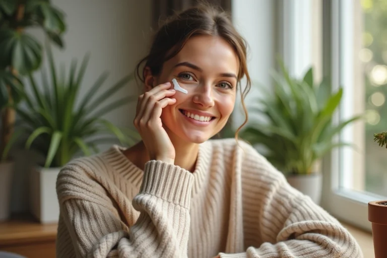Femme souriante appliquant crème visage dans un intérieur lumineux