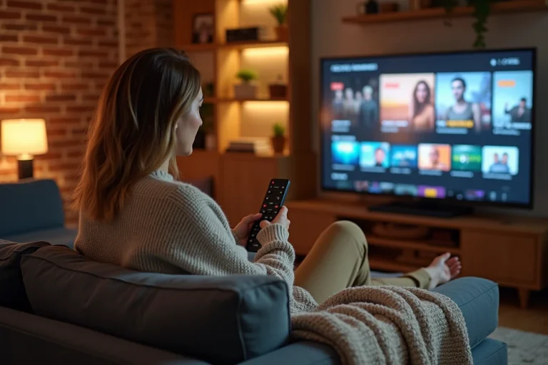 Jeune femme en pull confortable regardant une série en streaming sur sa télévision depuis son canapé