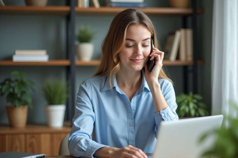 Jeune femme parlant au téléphone dans un bureau moderne