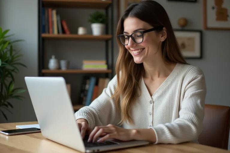 Femme assise à son bureau à la maison utilisant son ordinateur