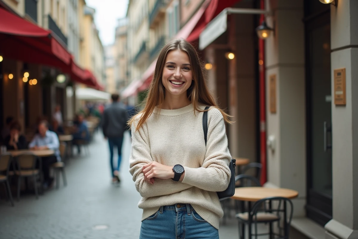 Jeune femme ajustant sa montre en extérieur dans une ambiance urbaine