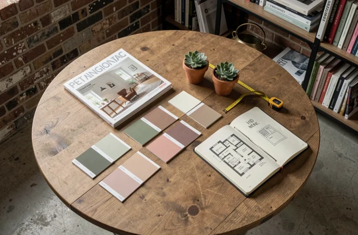 Flat lay de magazines de décoration intérieure, échantillons de peinture et carnets de croquis sur une table en bois dans un studio de design