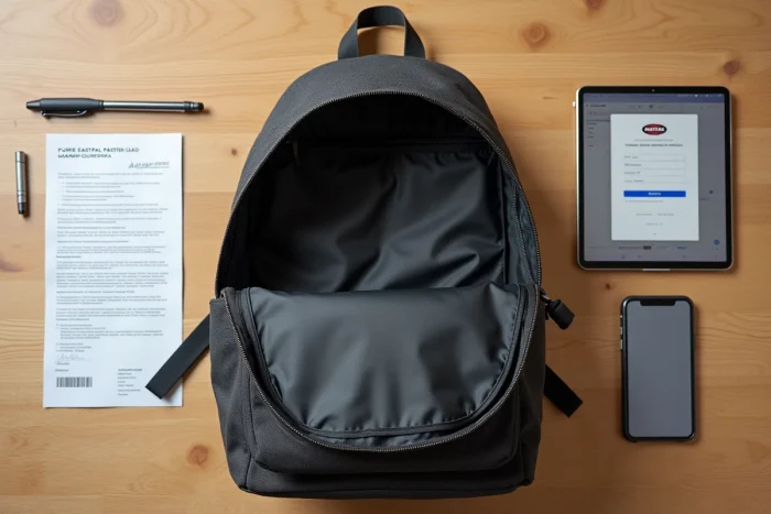 Flatlay d'un sac Eastpak noir avec certificat de garantie, ticket de caisse et smartphone pour enregistrement en ligne