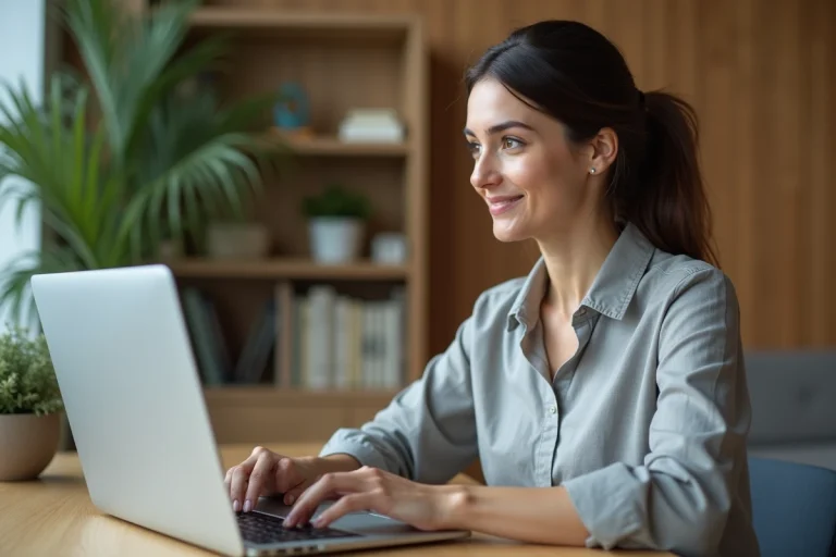 Femme gérant ses comptes bancaires sur un tableau de bord numérique depuis son bureau à domicile