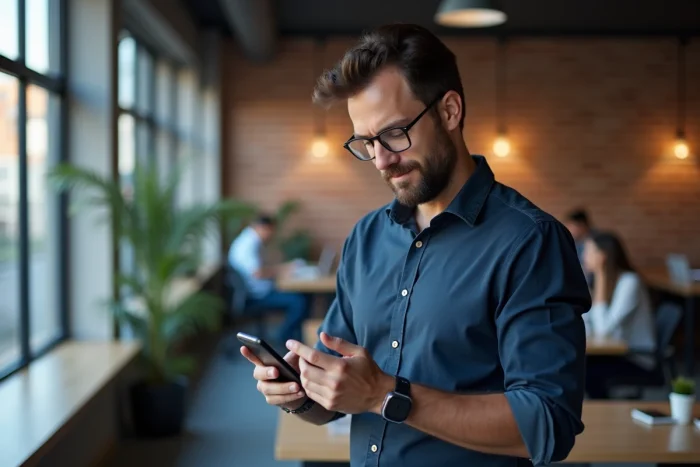 Homme consultant son application de gestion de comptes bancaires sur smartphone dans un espace de coworking