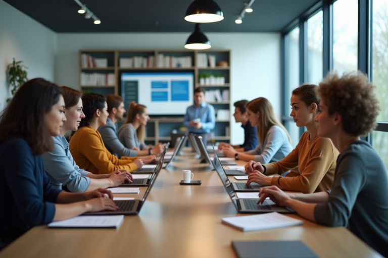 Groupe d'enseignants collaborant dans une salle moderne