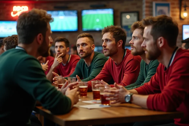 Groupe de fans regardant un match dans un bar sportif convivial