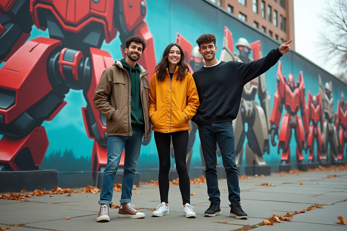Groupe devant mural de robots inspirés de Darling Franxx