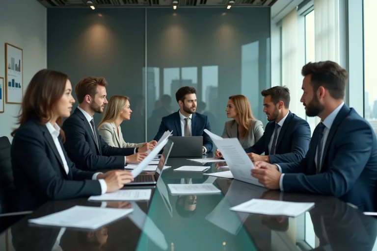 Groupe de professionnels en réunion dans un bureau moderne
