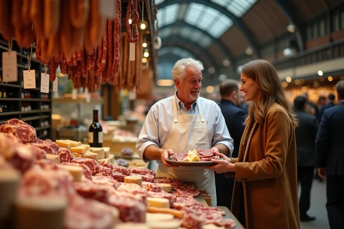 Vendeur et cliente aux Halles Paul Bocuse de Lyon, marché gastronomique emblématique proposant charcuteries et fromages régionaux