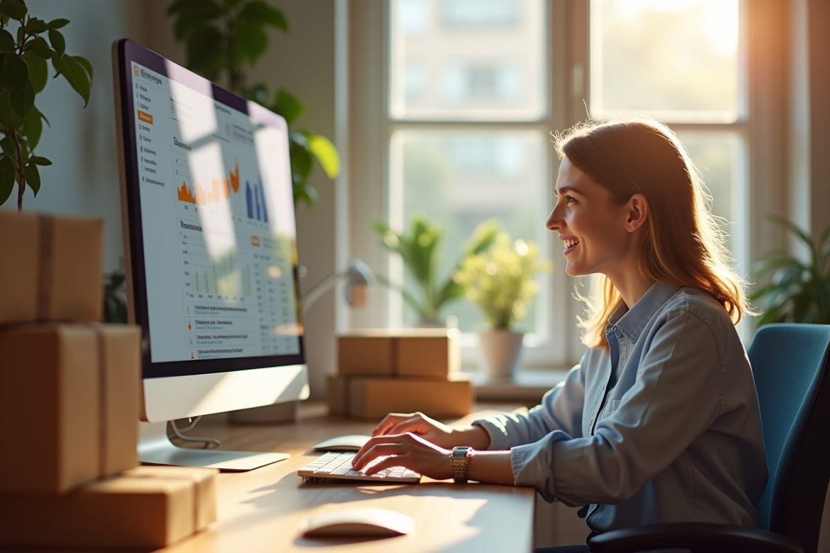 Personne souriante en visioconference dans un bureau à domicile