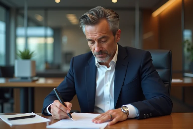 Homme d'affaires en costume navy dans un bureau moderne