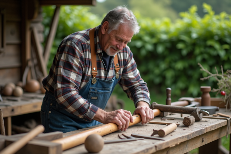 Homme d'âge moyen assemble un râteau en bois dans son atelier