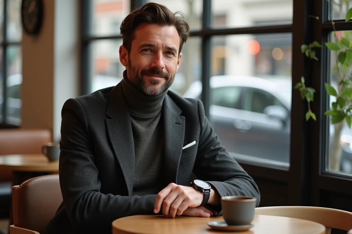 Homme à la mode ajustant sa montre dans un café tendance