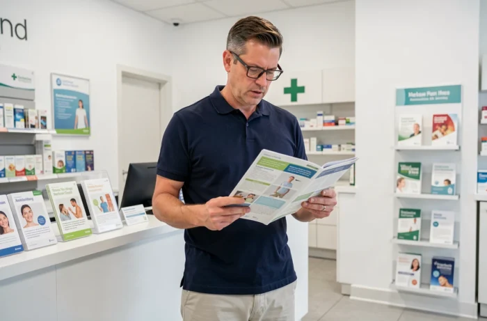 Homme consultant un guide santé dans une pharmacie ou centre de santé moderne