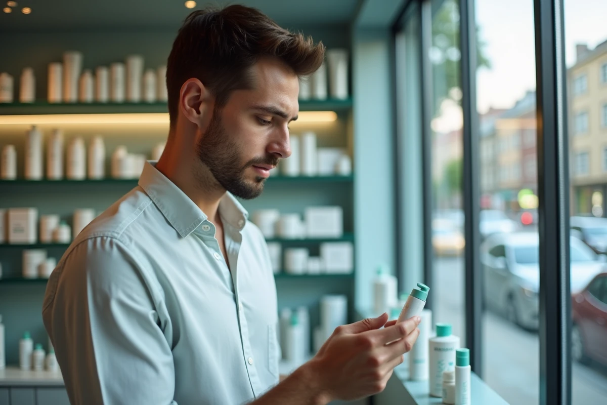 Jeune homme regardant produits de soin en pharmacie moderne