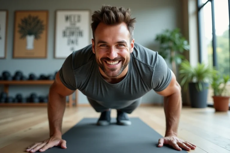 Homme en pleine séance de push-up dans un gym maison lumineux