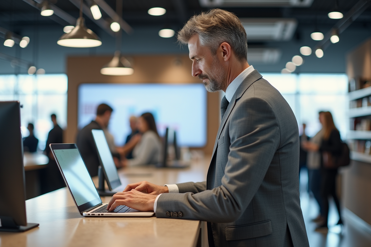 Homme d affaires utilisant un ordinateur dans un magasin