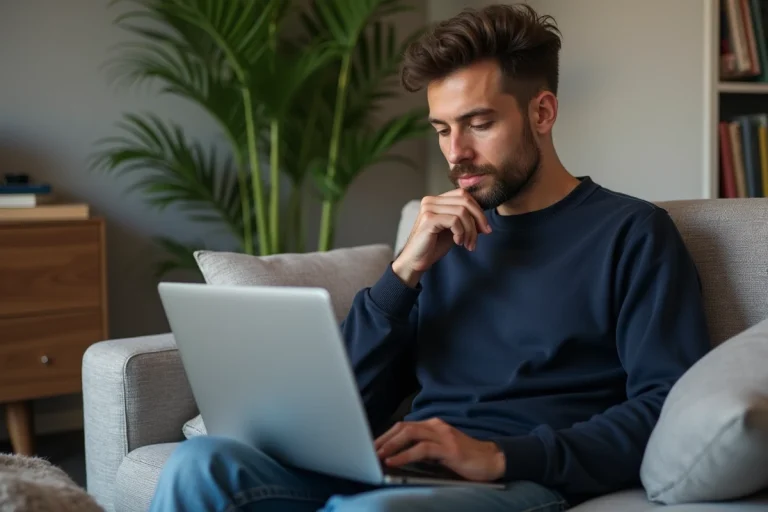 Homme détendu regardant un ordinateur portable dans un salon
