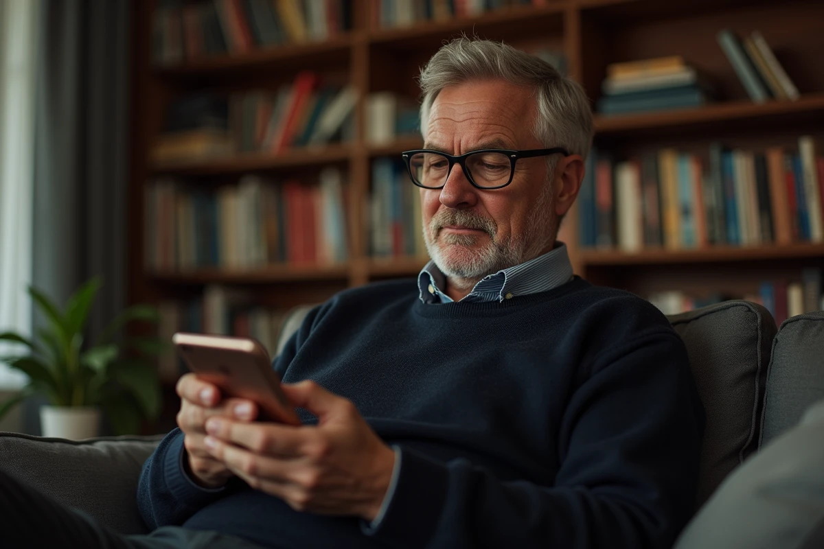 Homme lisant un smartphone dans un salon avec des livres