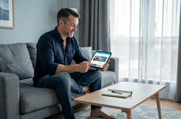 Homme naviguant sur une page sitemap depuis une tablette dans un salon moderne et lumineux