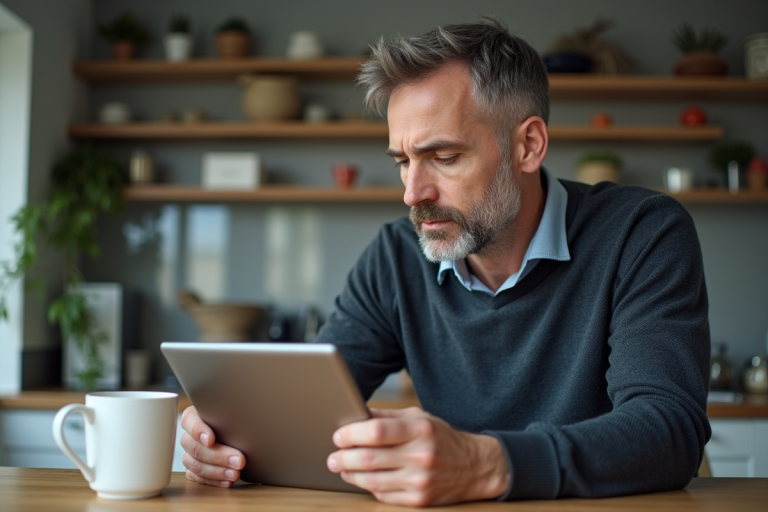 Homme d'âge moyen recherchant un numéro sur une tablette moderne