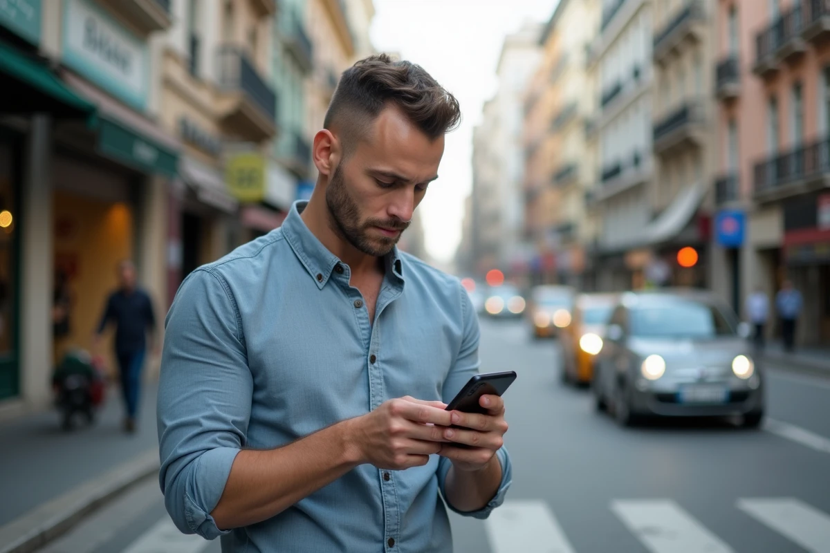 Homme dans la rue vérifiant son smartphone en ville
