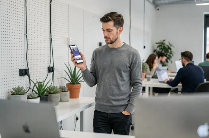 Homme consultant une interface web sur smartphone dans un espace de co-working moderne dédié au digital