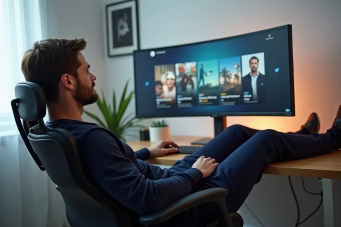 Homme regardant une plateforme de streaming sur son ordinateur dans un bureau à domicile moderne