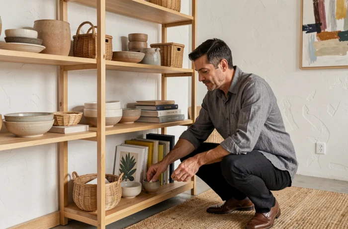 Homme stylisant une étagère ouverte avec des céramiques artisanales et des livres d'art dans un salon bohème moderne