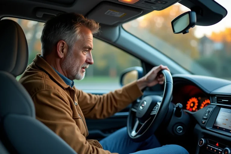 Homme d'âge moyen examinant le tableau de bord d'une voiture