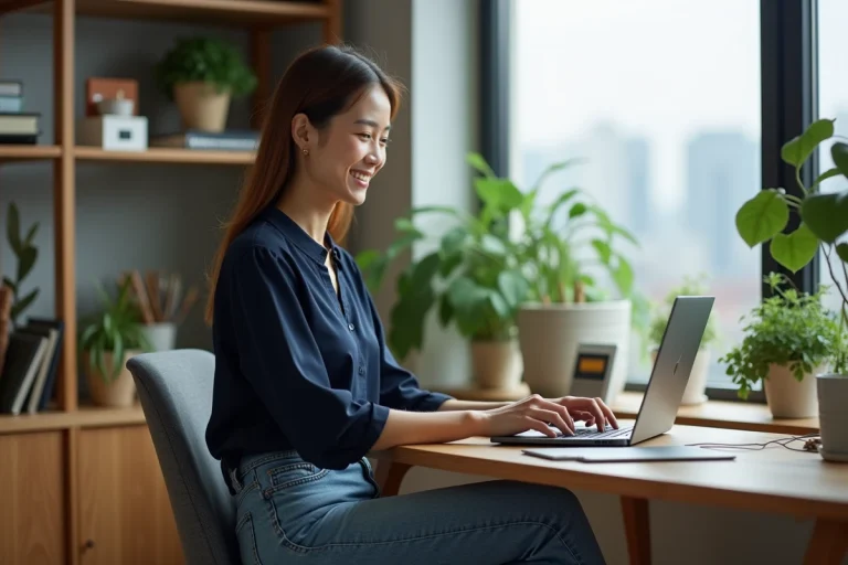 Jeune femme professionnelle travaillant sur son ordinateur dans un bureau moderne