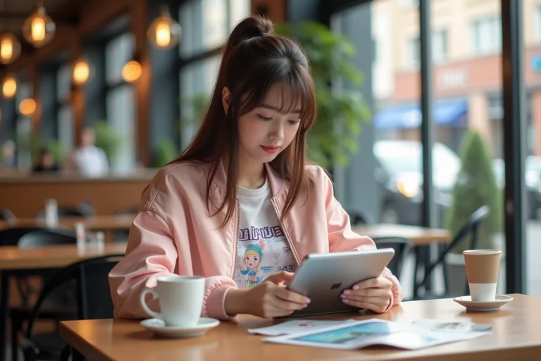 Jeune femme avec bomber pastel lisant news Darling Franxx