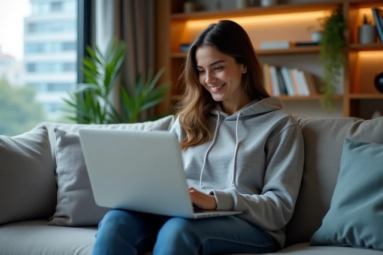 Jeune femme souriante sur un sofa regardant son ordinateur portable