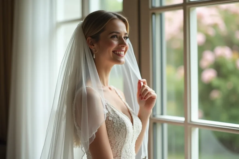 Jeune femme souriante en robe de mariée ajustant son voile