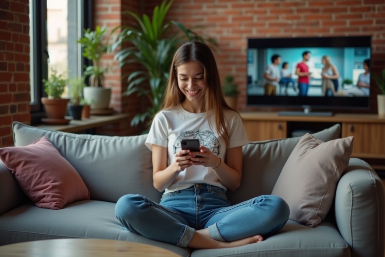 Jeune femme mode avec smartphone dans un salon urbain