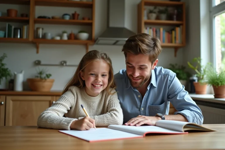 Jeune fille et tuteur en cuisine avec cahier d'exercices