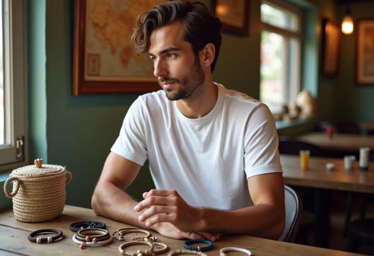 Jeune homme examinant des bracelets nautiques dans un café