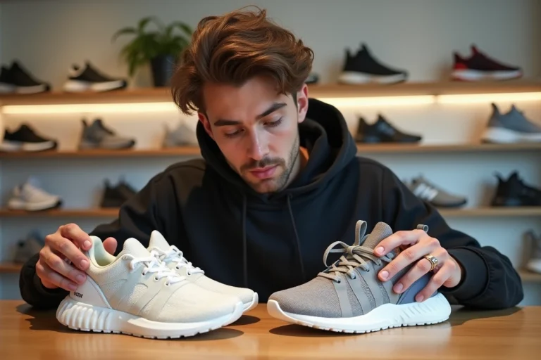 Jeune homme examine deux paires de sneakers en magasin
