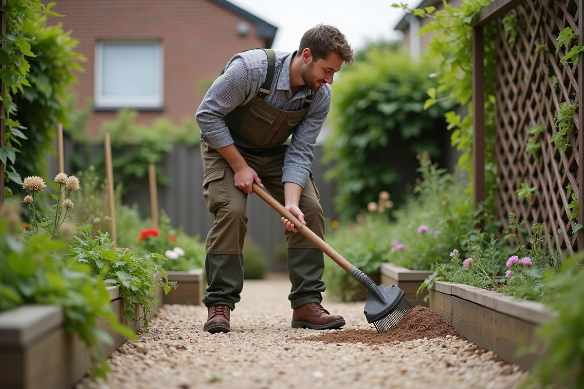Jeune homme ratisse un chemin de gravier dans un jardin urbain