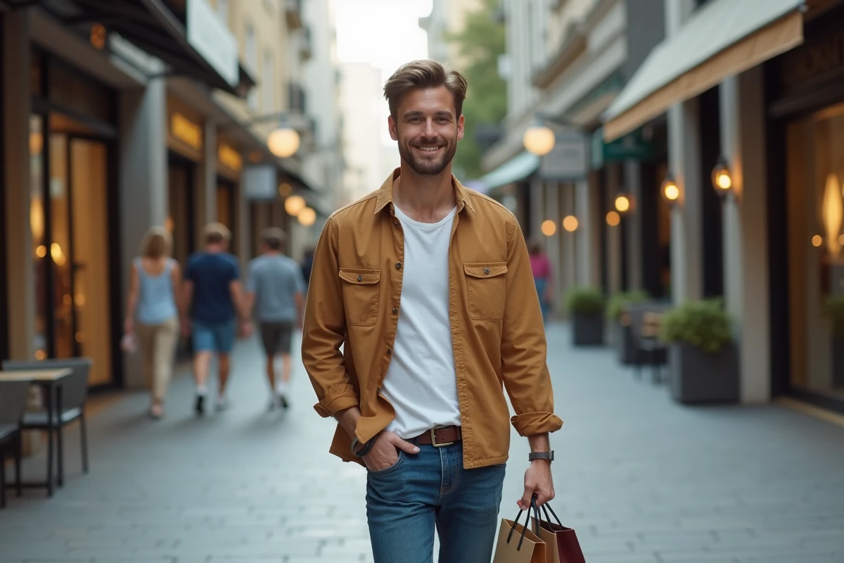 Jeune homme souriant avec sacs de shopping en ville