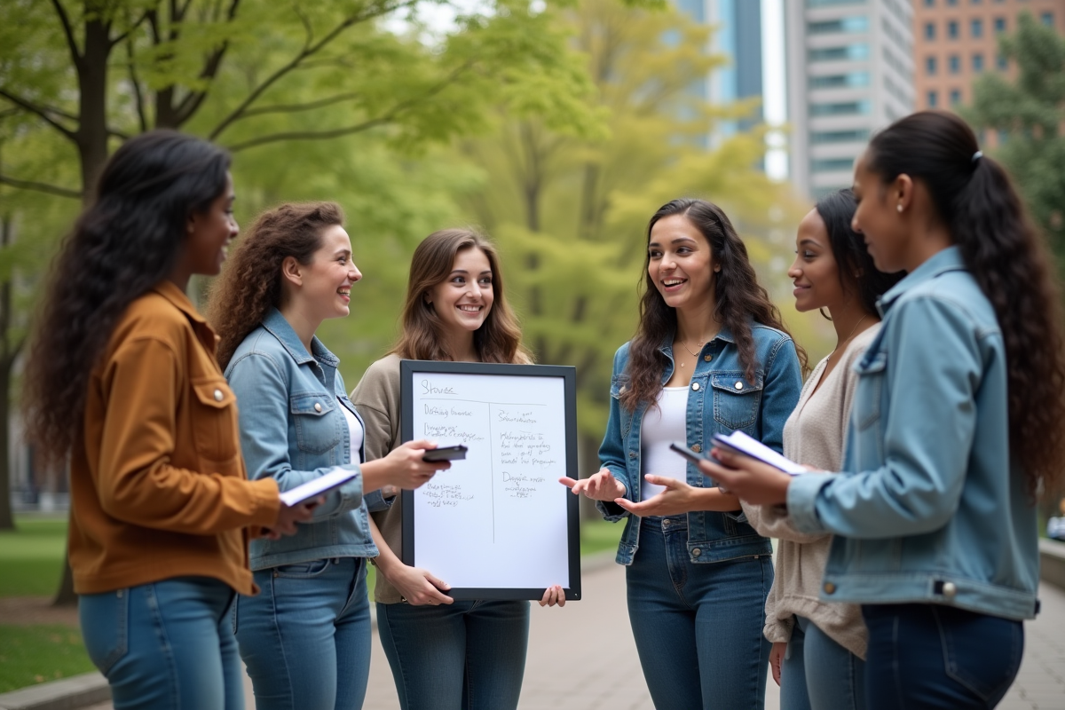 Jeunes en discussion dans un parc urbain